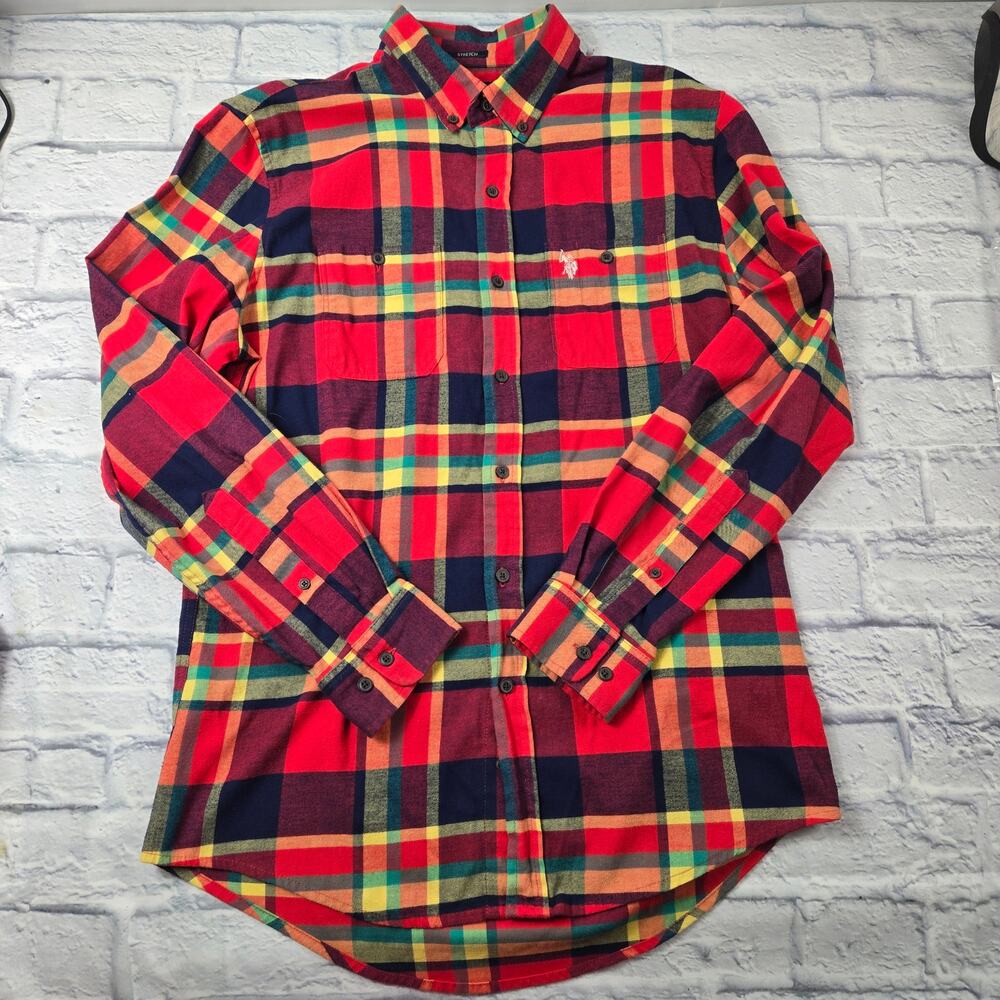 U.S. Polo Association Red Plaid Lightweight Flannel Shirt Stretch Size Medium